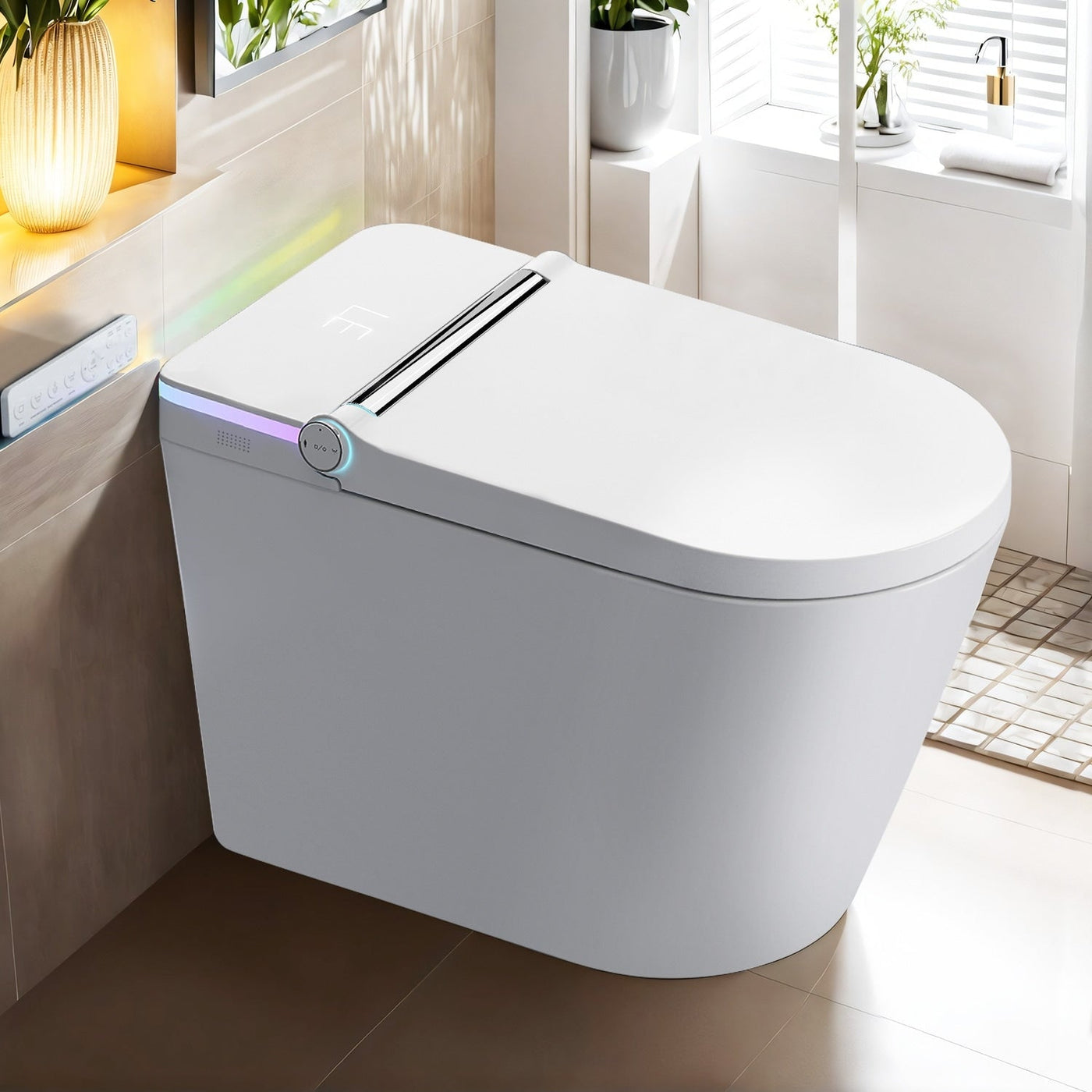 Toilettes intelligentes, bidet monobloc pour salle de bain, toilettes allongées modernes avec eau chaude, double chasse d'eau automatique, fonctionnement par capteur de pied