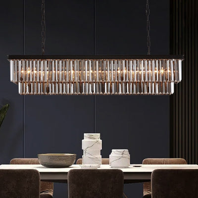 Lustre contemporain en cristal gris fumé et noir de 47 po, luminaire suspendu linéaire à deux niveaux pour îlot de cuisine et salle à manger