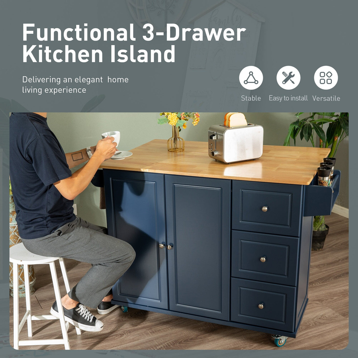 Desserte de cuisine Sophia &amp; William avec abattant et plateau en bois d'hévéa, desserte de cuisine roulante avec grand meuble de rangement