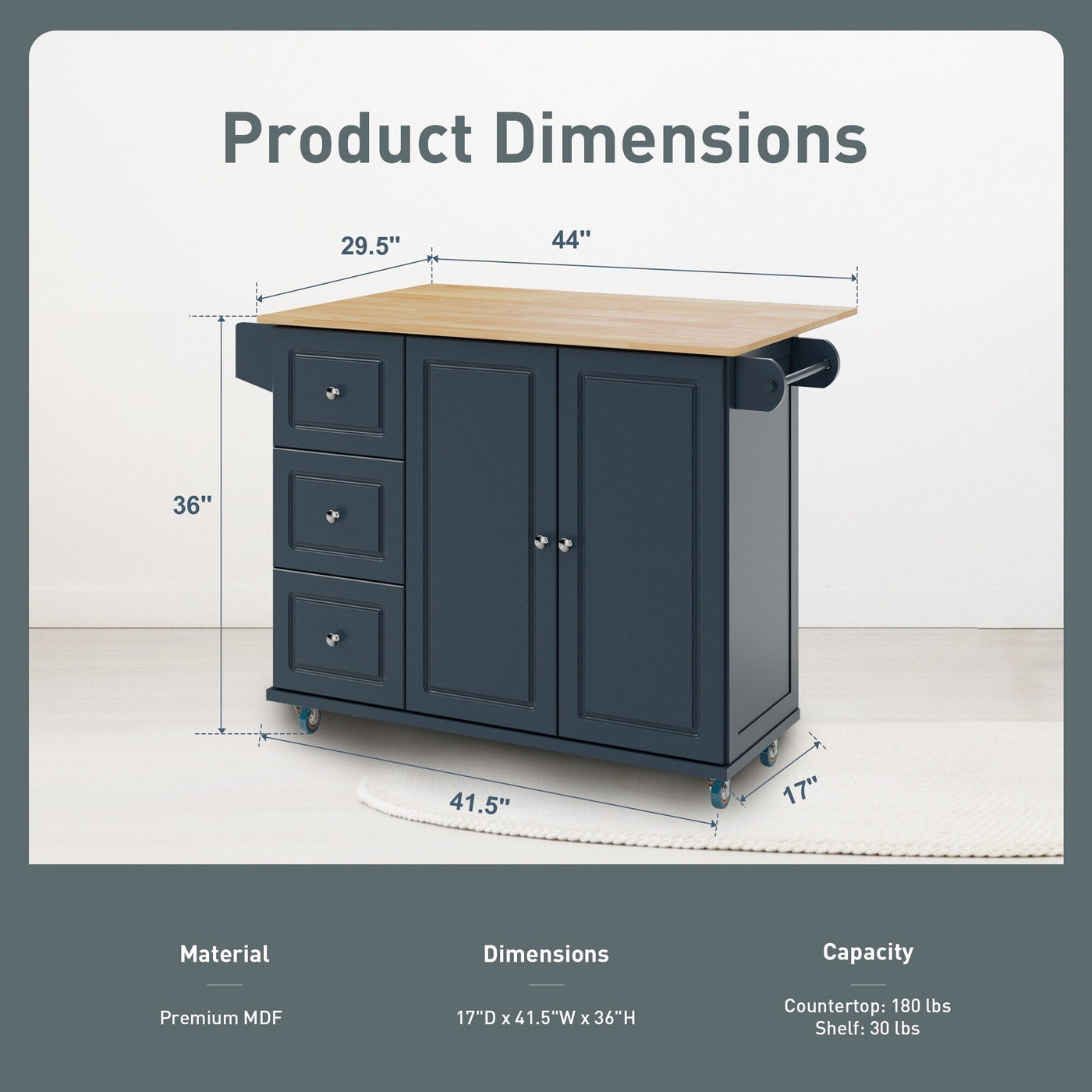 Desserte de cuisine Sophia &amp; William avec abattant et plateau en bois d'hévéa, desserte de cuisine roulante avec grand meuble de rangement