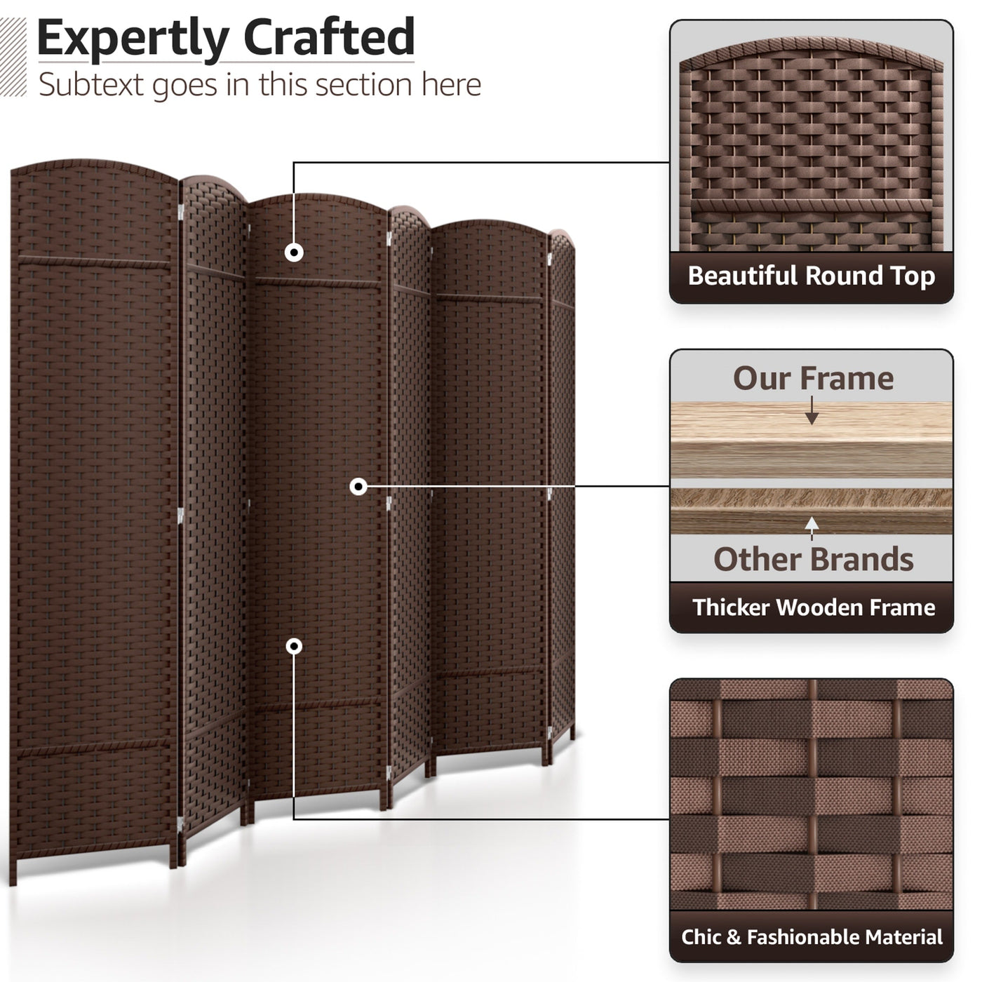 Séparateur de pièce Sorbus à 6 panneaux, cloison de séparation extra large et pliable, tissé à la main, à double charnière, en maille - 1,8 m