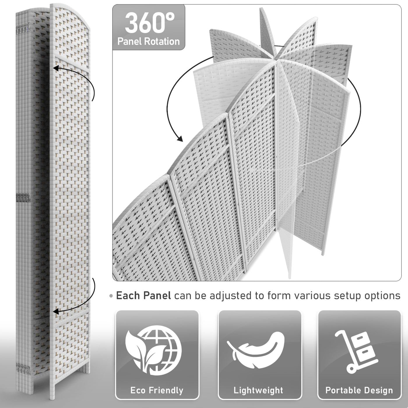 Séparateur de pièce Sorbus à 6 panneaux, cloison de séparation extra large et pliable, tissé à la main, à double charnière, en maille - 1,8 m