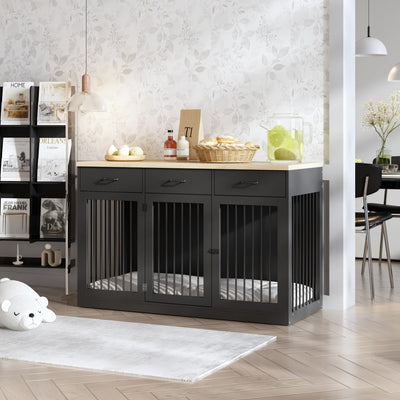 Élégant meuble en bois pour cage à chien avec rangement, 3 tiroirs