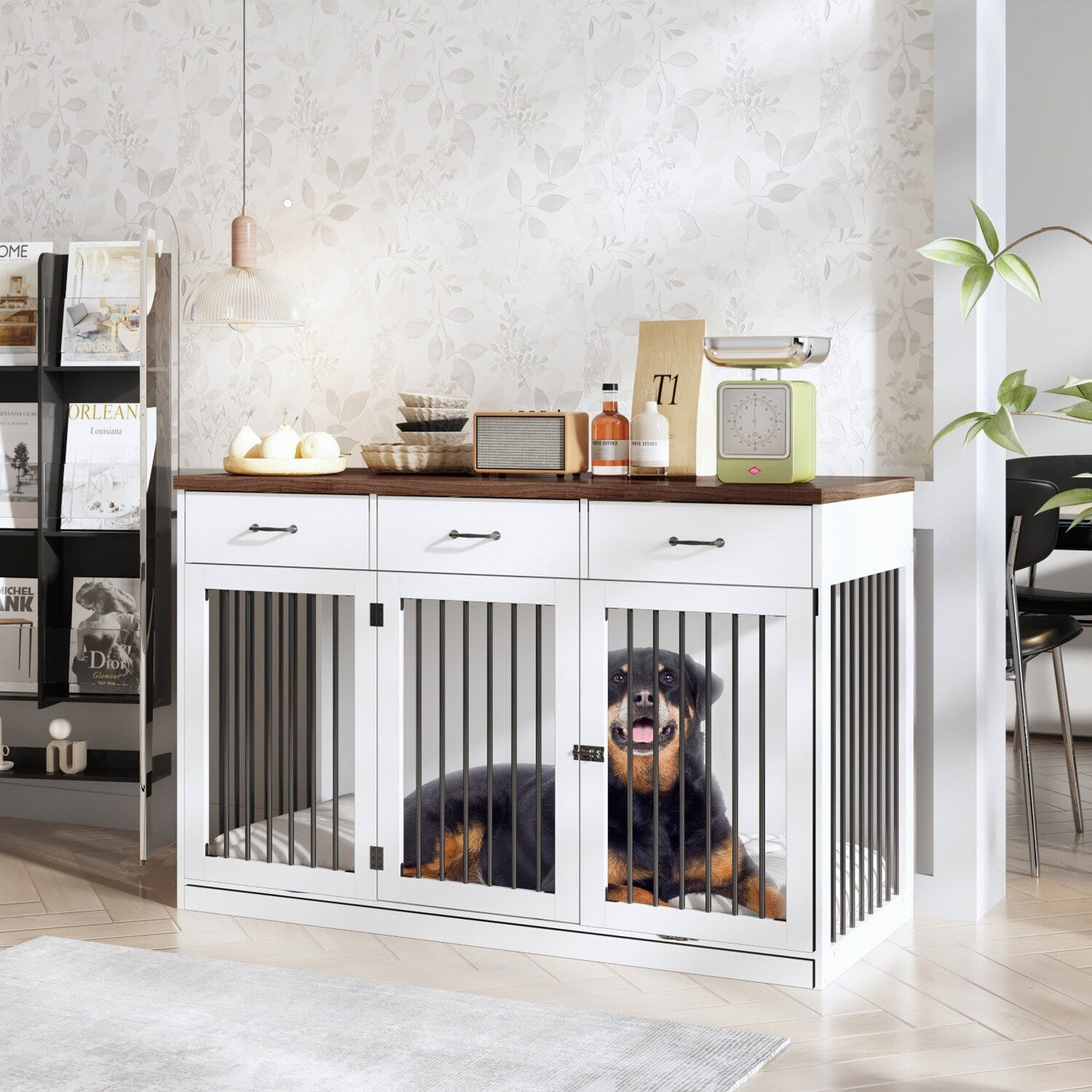 Élégant meuble en bois pour cage à chien avec rangement, 3 tiroirs