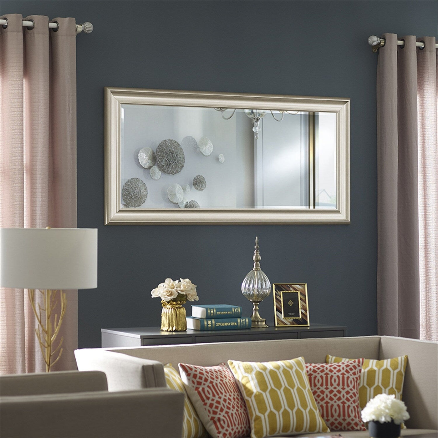 Grand miroir sur toute la surface, miroir surdimensionné, cadre en imitation bois lisse, miroir rectangulaire à suspendre au mur