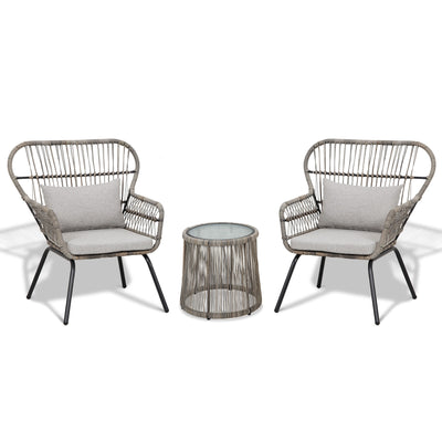 Ensemble de bistrot d'extérieur 3 pièces en osier, mobilier de jardin en rotin toutes saisons, chaises de patio avec coussins
