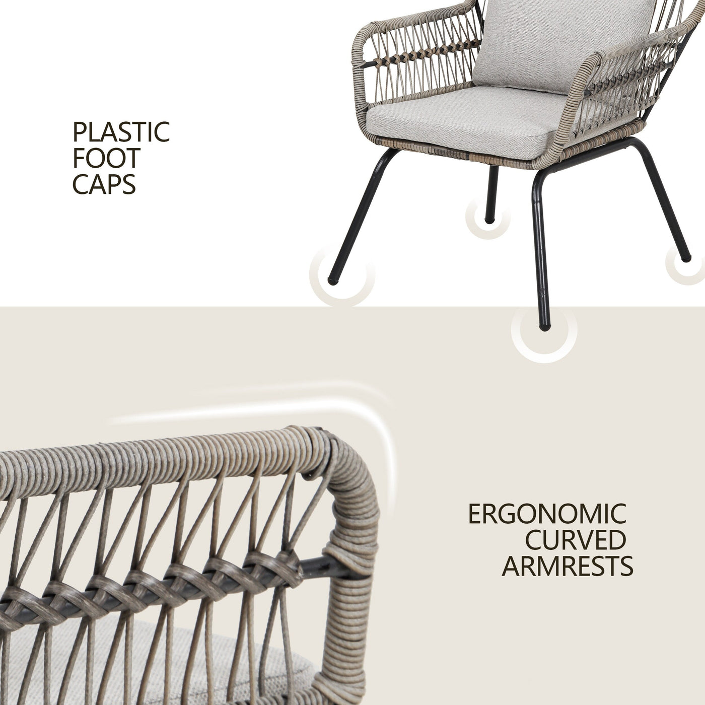 Ensemble de bistrot d'extérieur 3 pièces en osier, mobilier de jardin en rotin toutes saisons, chaises de patio avec coussins