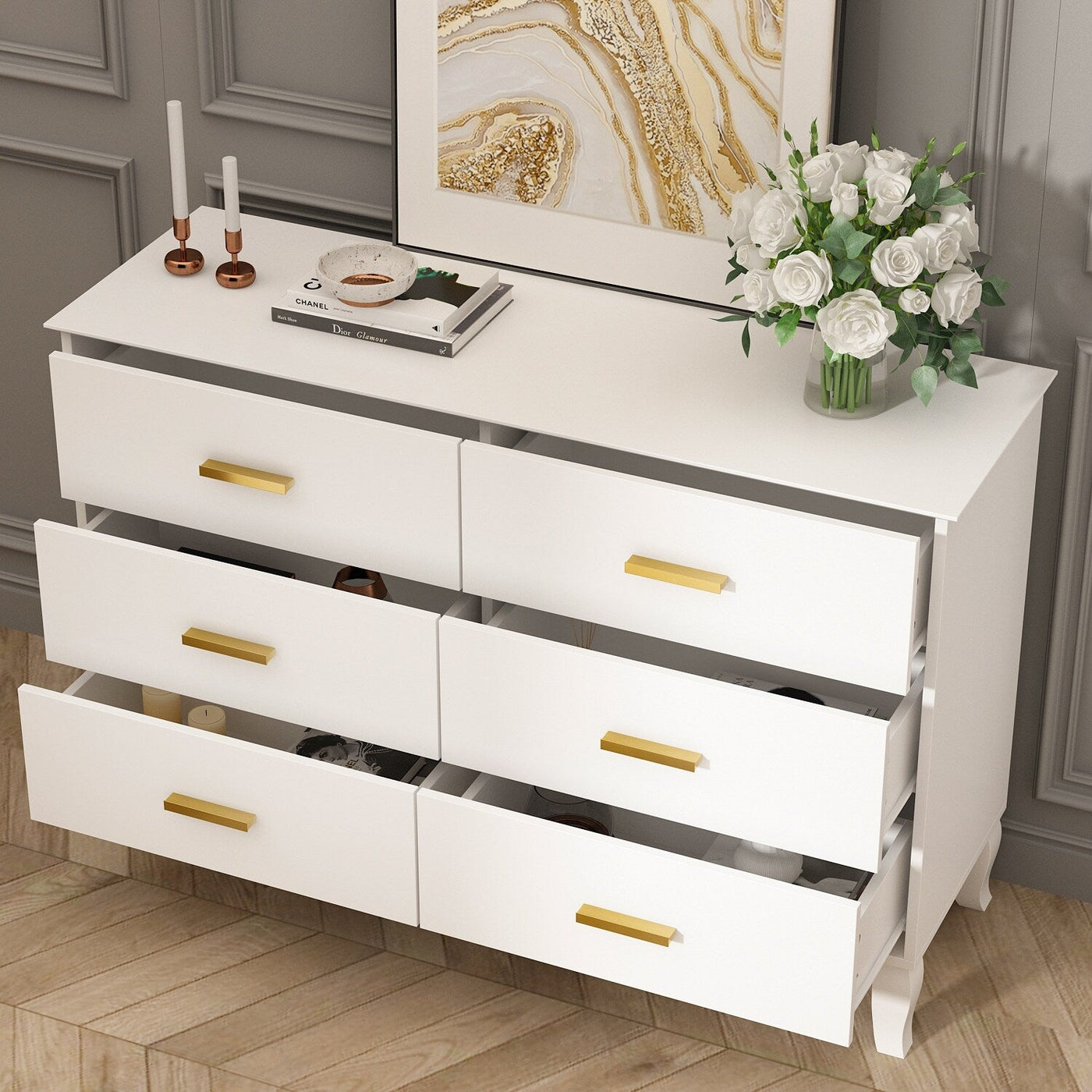 Commode double Timechee à 6 tiroirs, 47,2 po de largeur, pieds en bois massif, coffre laqué