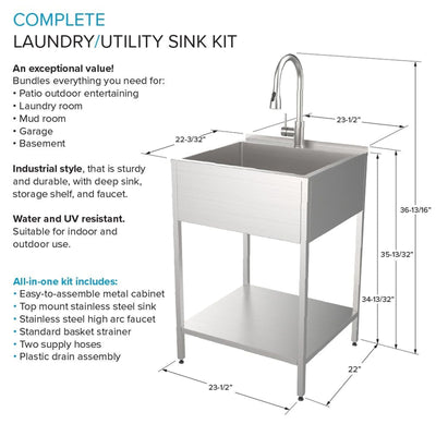 Évier de buanderie et lavabo en acier inoxydable Transolid EWS-2422S de 24 po de largeur x 22 po de profondeur x 35 po de hauteur - 24 po x 22 po