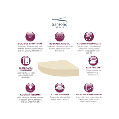 Siège de douche d'angle mural en surface solide Transolid Studio 14 po x 14 po - 14,5 x 14,25 x 3