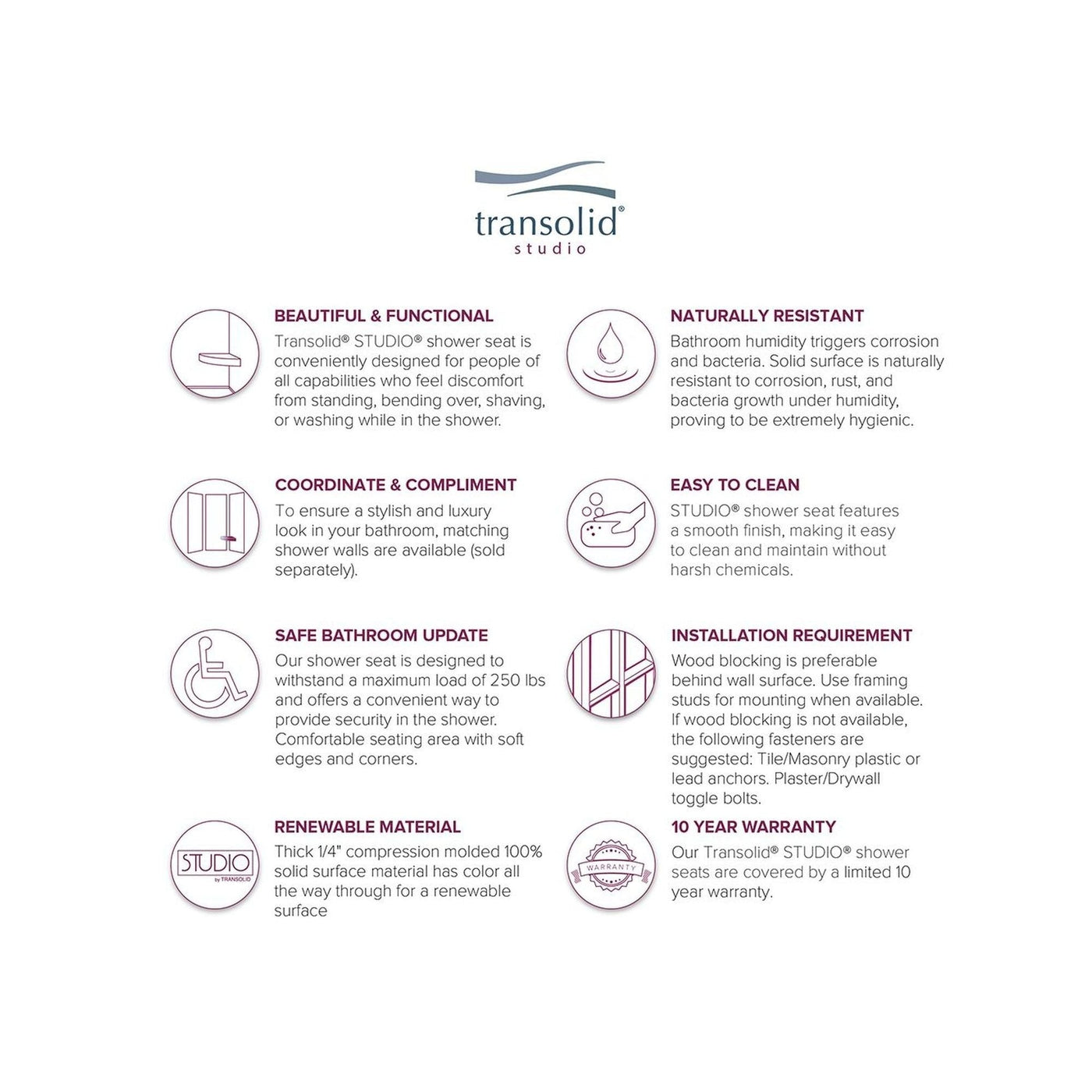 Siège de douche d'angle mural en surface solide Transolid Studio 14 po x 14 po - 14,5 x 14,25 x 3