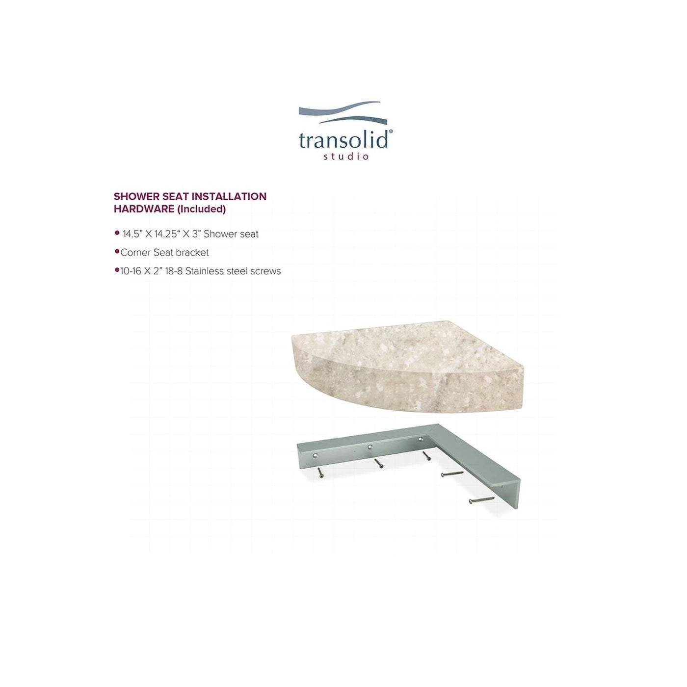 Siège de douche d'angle mural en surface solide Transolid Studio 14 po x 14 po - 14,5 x 14,25 x 3