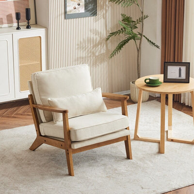 Fauteuil d'appoint rembourré en lin mélangé avec pieds en bois et un coussin beige