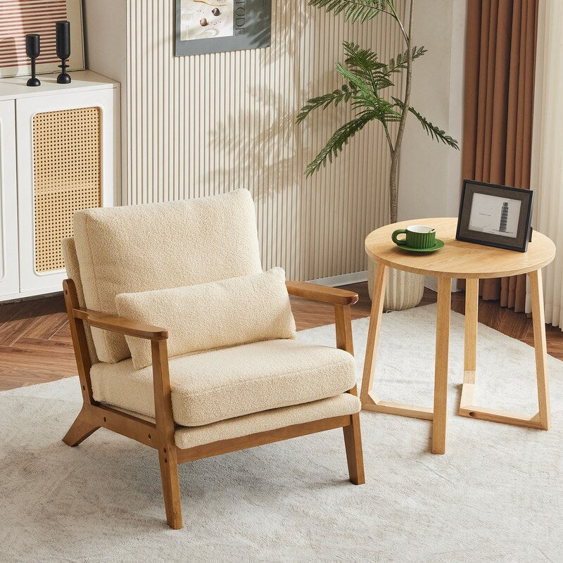 Fauteuil d'appoint rembourré en lin mélangé avec pieds en bois et un coussin beige
