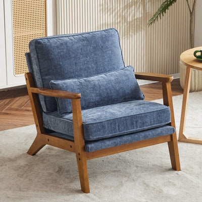 Fauteuil d'appoint rembourré en lin mélangé avec pieds en bois et un coussin beige