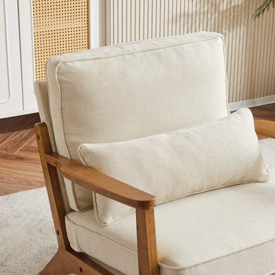 Fauteuil d'appoint rembourré en lin mélangé avec pieds en bois et un coussin beige