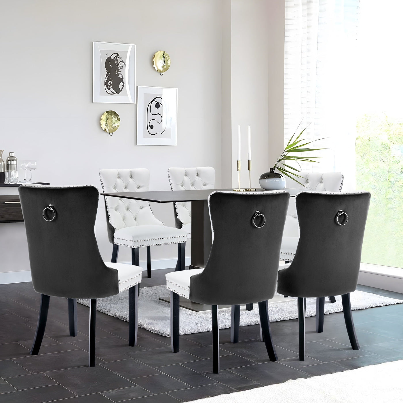 Chaise de salle à manger capitonnée en velours avec pieds en bois massif, lot de 6