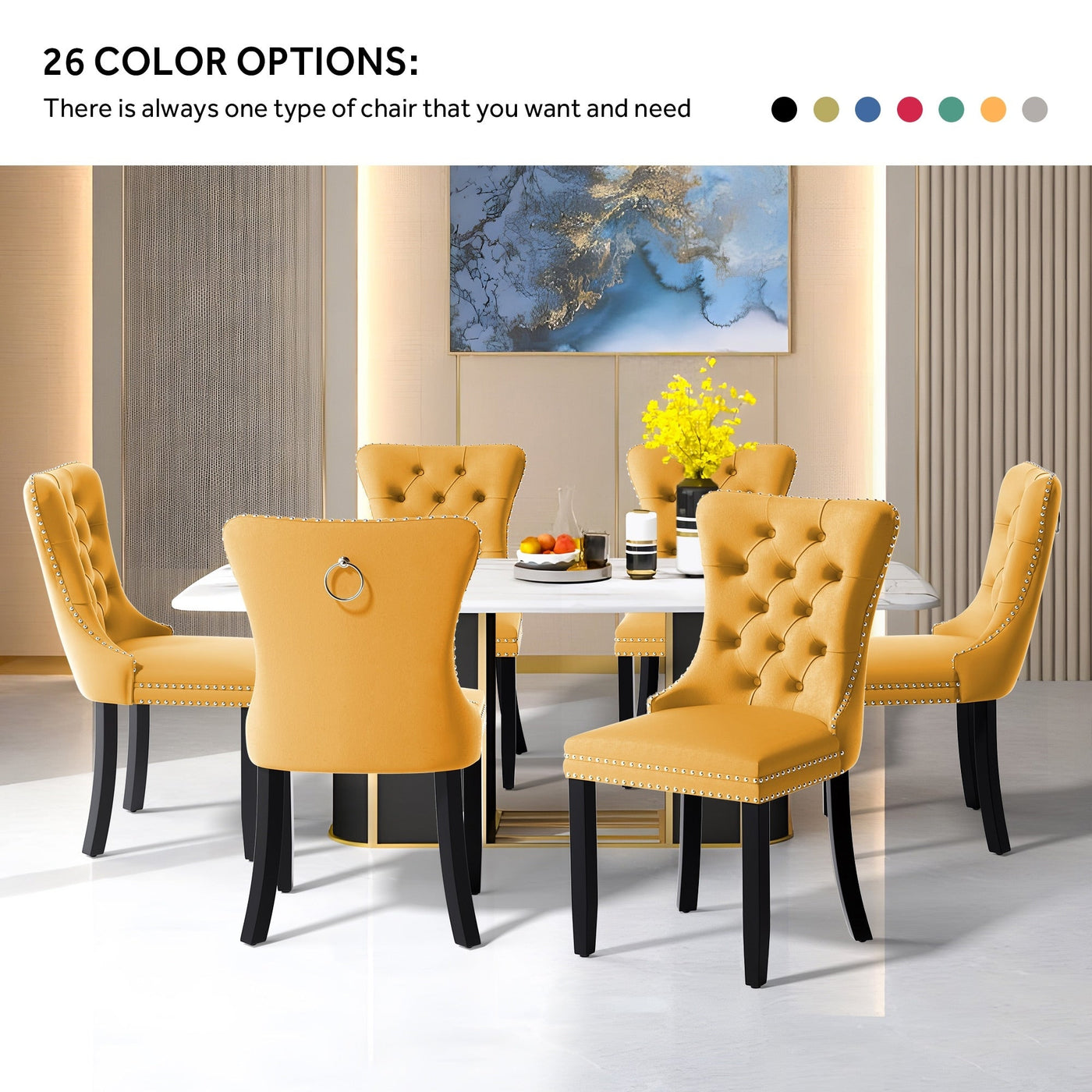 Chaise de salle à manger capitonnée en velours avec pieds en bois massif, lot de 6