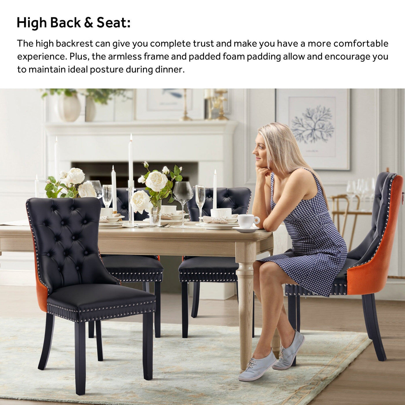 Chaise de salle à manger capitonnée en velours avec pieds en bois massif, lot de 6