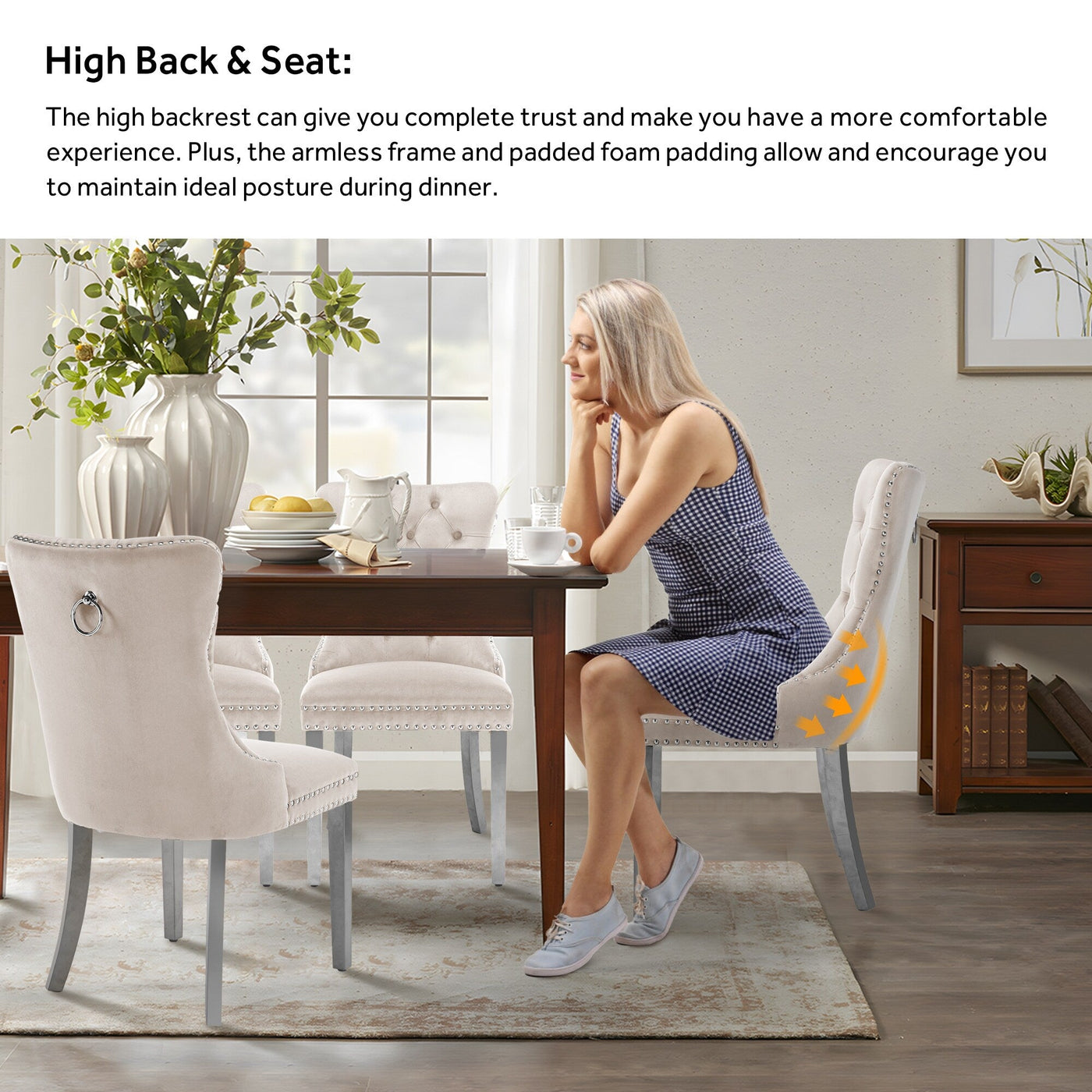 Chaise de salle à manger capitonnée en velours avec pieds en bois massif, lot de 6