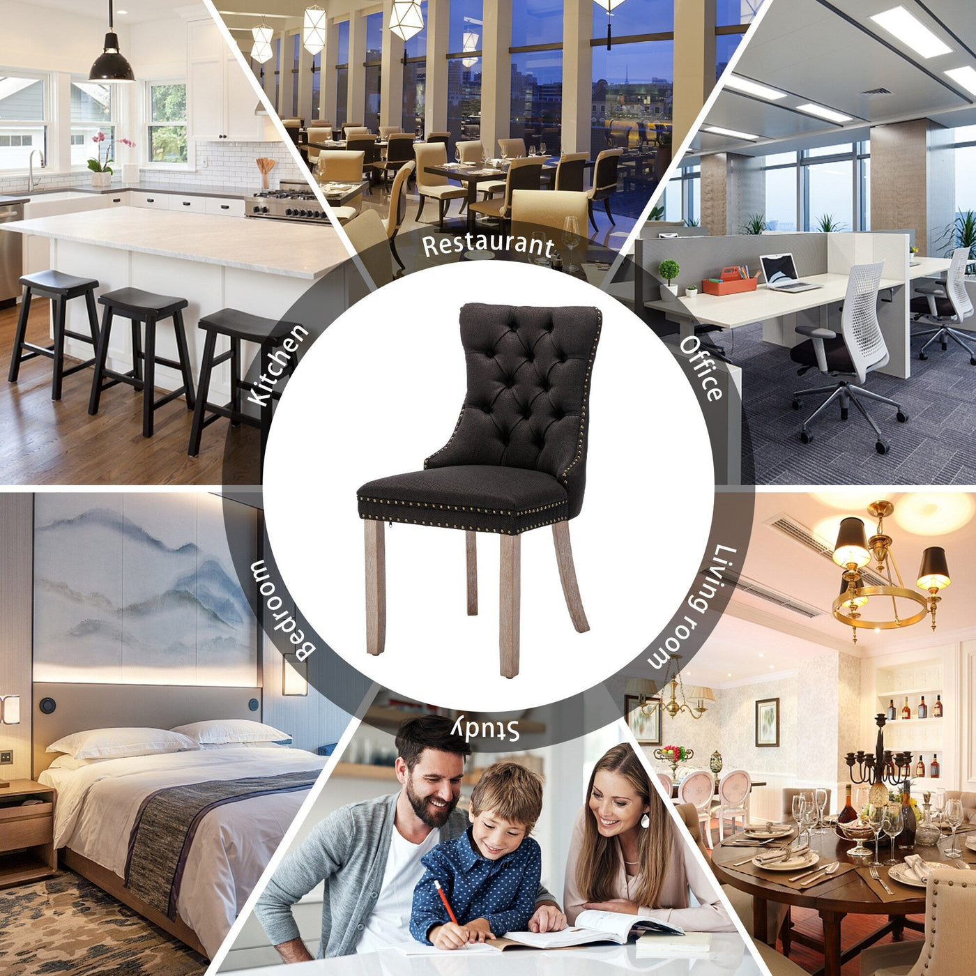 Chaise de salle à manger capitonnée en velours avec pieds en bois massif, lot de 6