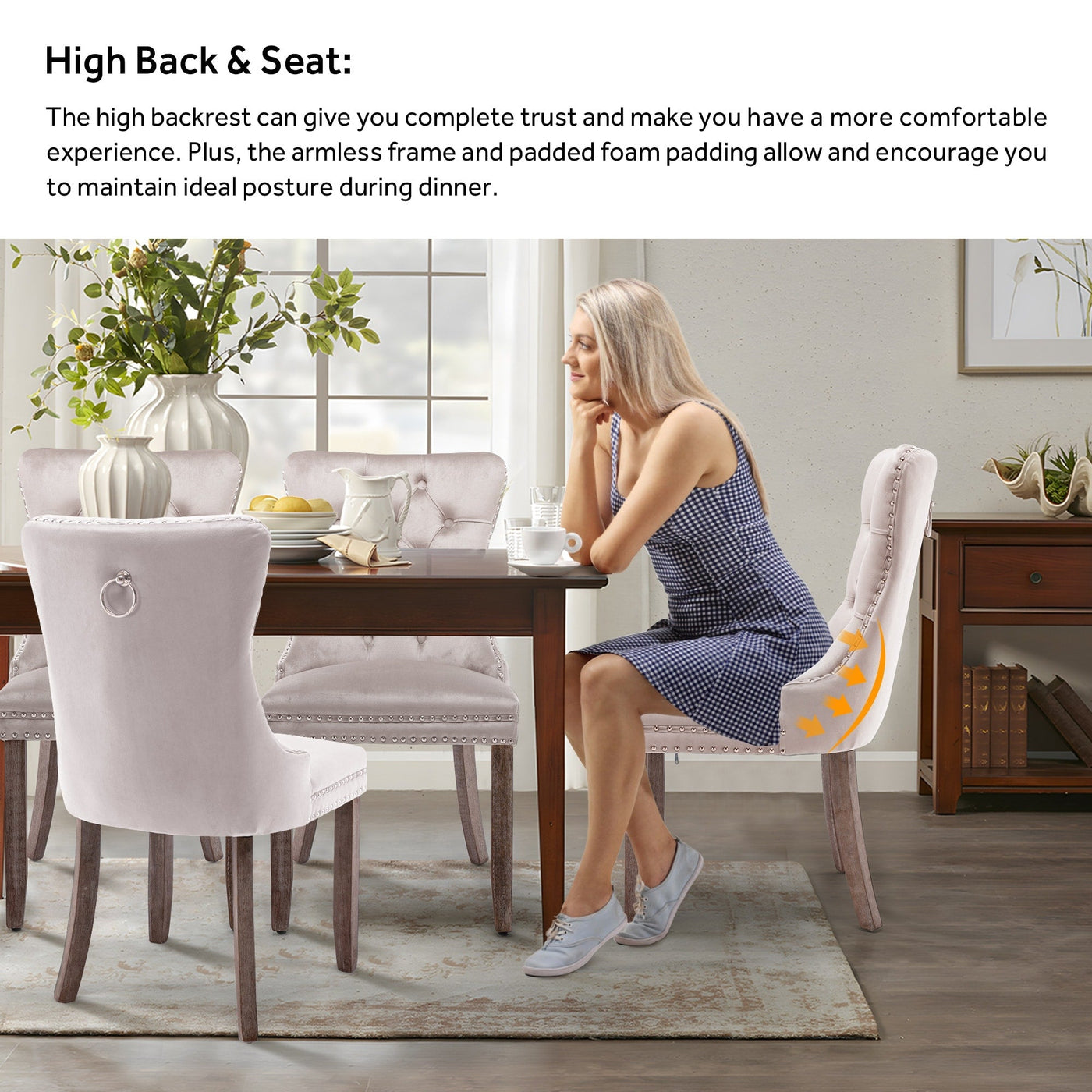 Chaise de salle à manger capitonnée en velours avec pieds en bois massif, lot de 6