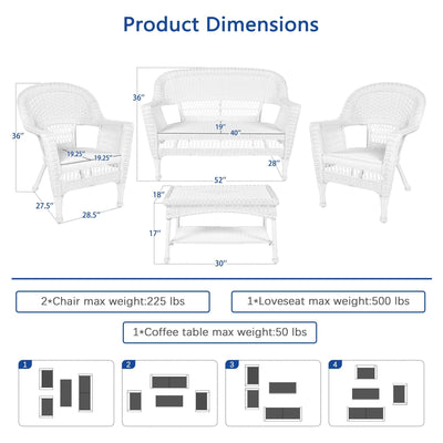 Ensemble de conversation 4 pièces pour patio en osier