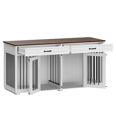 Cage double en bois pour chien avec 2 tiroirs et séparateur